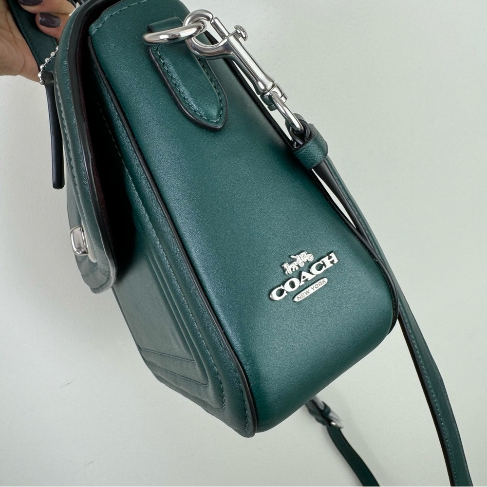 Coach Marlie Top Handle Satchel w/ Border Quilting Leather in Metallic Green - Picture 10 of 11